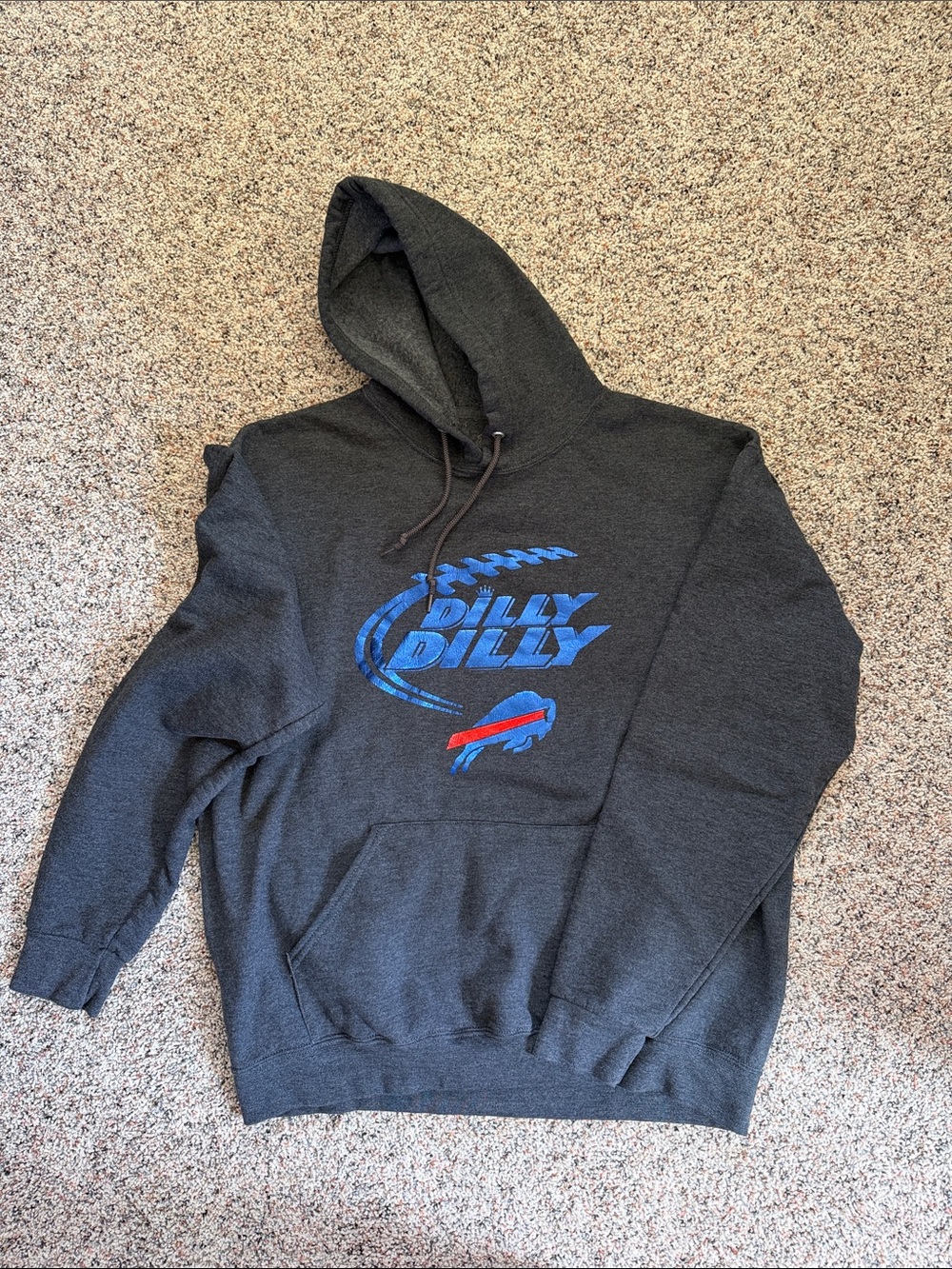 Dilly Dilly Buffalo Bills Graphic Hoodie in Charcoal with Blue & Red Logo